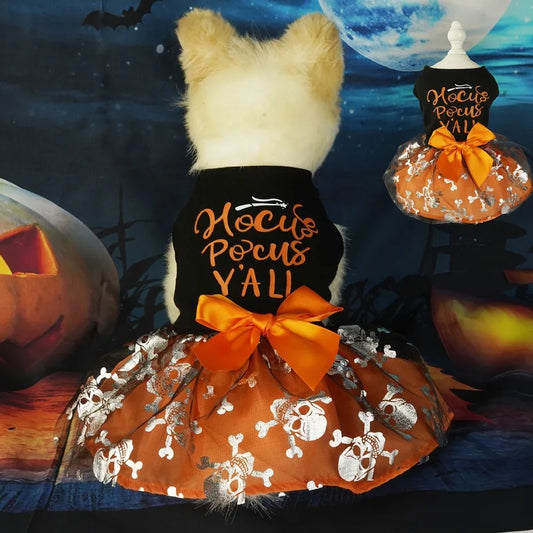 Halloween Dog Dress | Pumpkin & Ghost Pet Costume with Bow