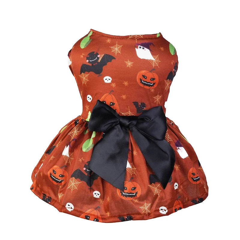 Halloween Dog Dress | Pumpkin & Ghost Pet Costume with Bow
