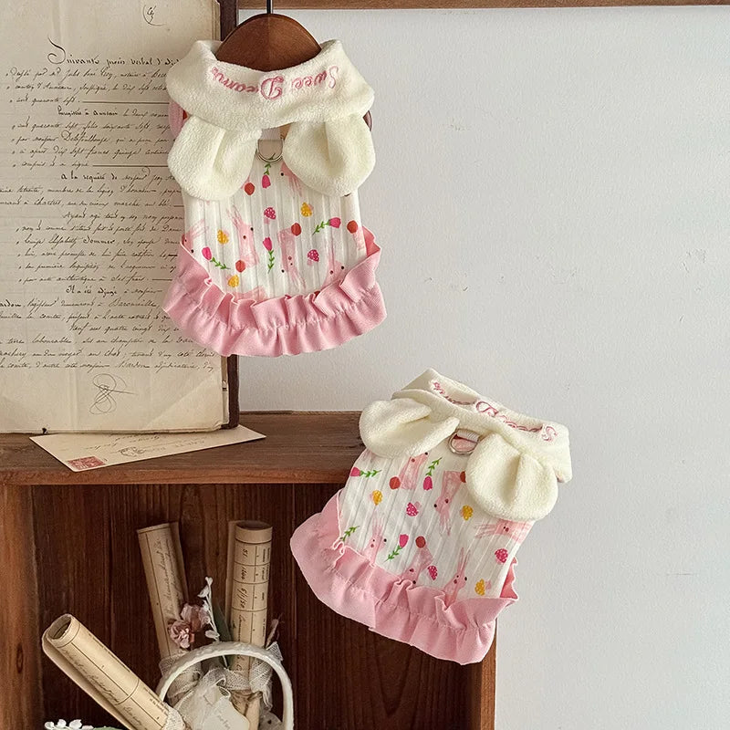 Bunny-Ear Pet Dress | Cute Corduroy Winter Outfit for Small Dogs