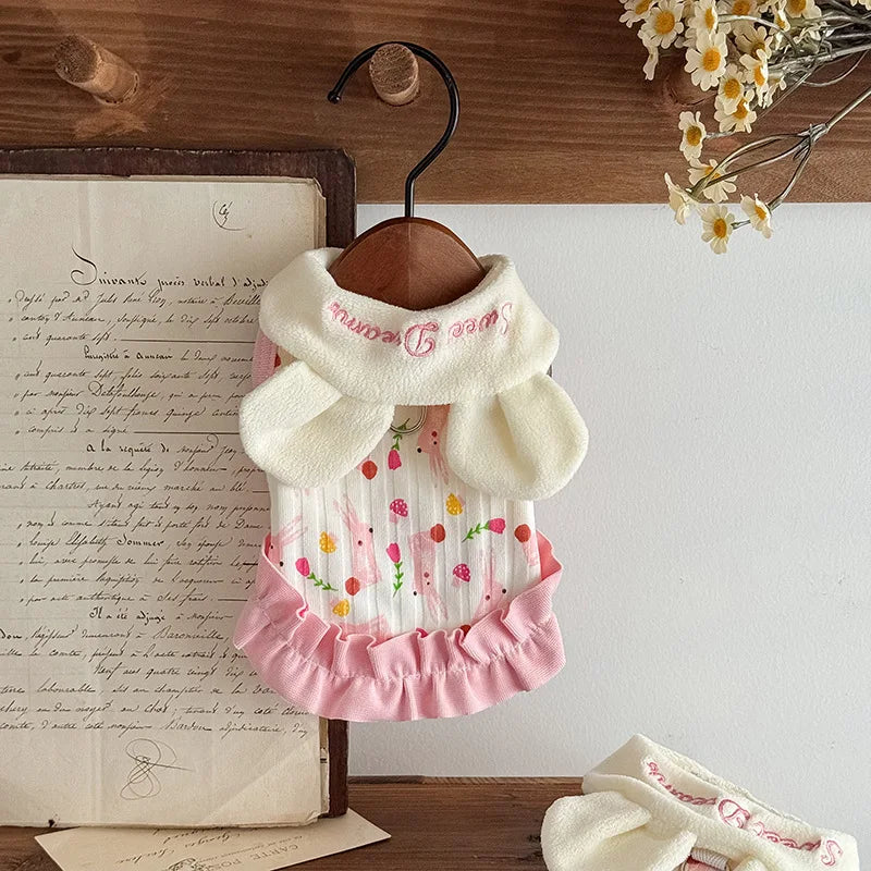 Bunny-Ear Pet Dress | Cute Corduroy Winter Outfit for Small Dogs
