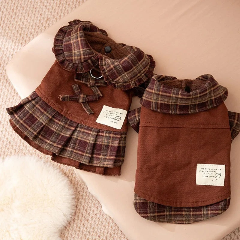 Winter Plaid Dog Dress | Warm Maillard Check Outfit for Small Dogs