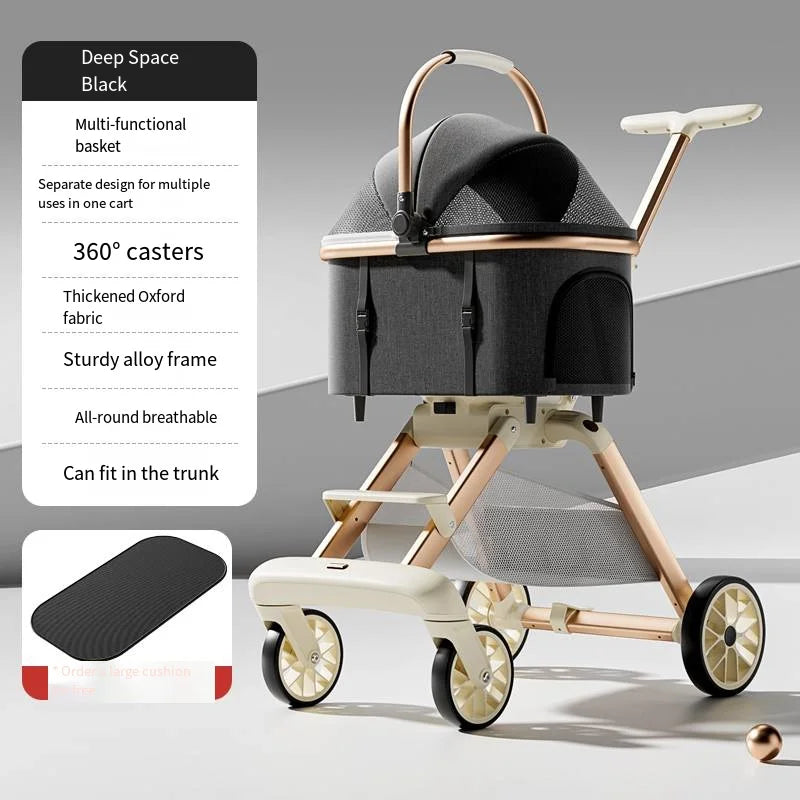 Luxury Pet Stroller & Carrier – Foldable Dog Buggy with 360° Rubber Wheels, Breathable Basket & Storage Compartment