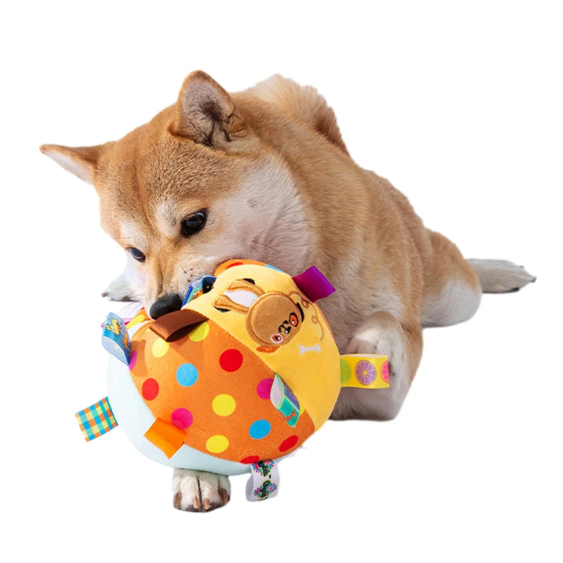 Interactive Plush Ball Dog Toy with Bell – Colourful Chew, Fetch & Training Toy for Small Dogs