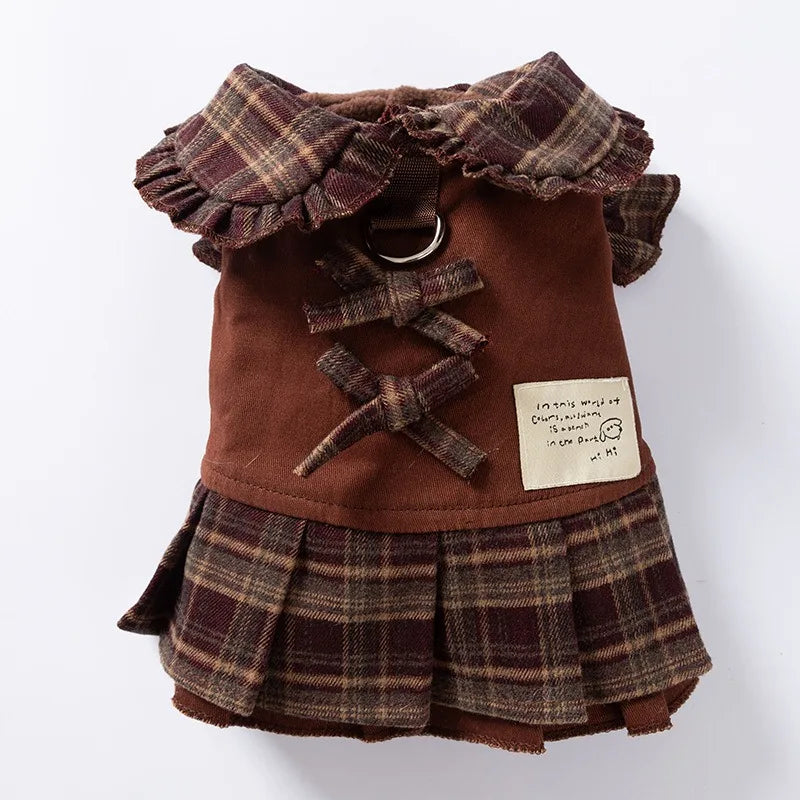 Winter Plaid Dog Dress | Warm Maillard Check Outfit for Small Dogs