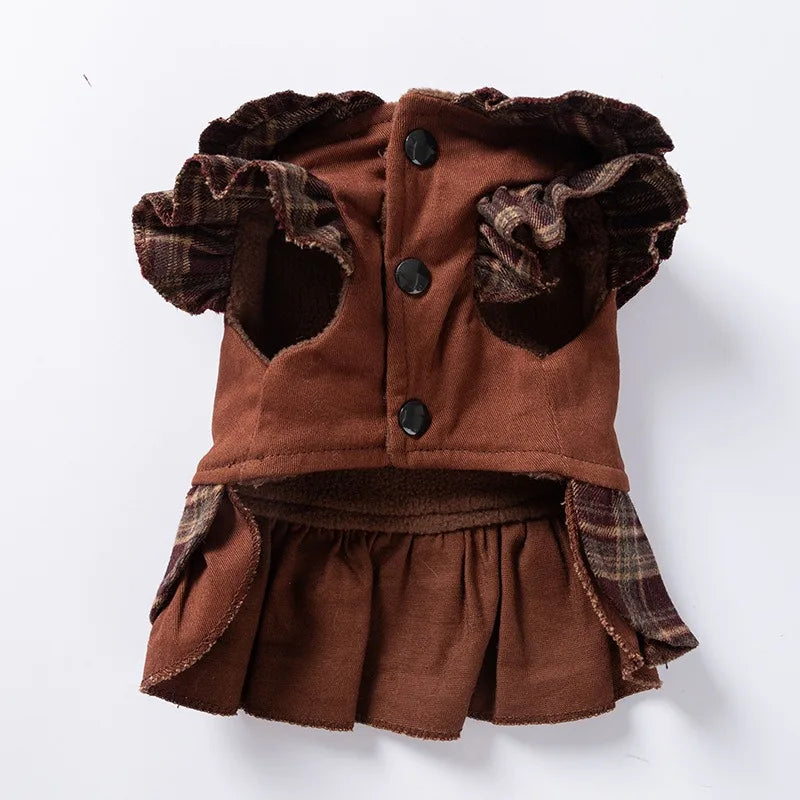 Winter Plaid Dog Dress | Warm Maillard Check Outfit for Small Dogs
