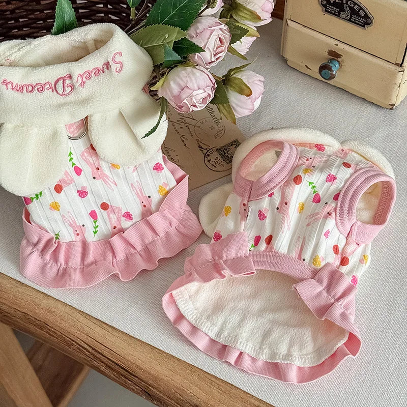 Bunny-Ear Pet Dress | Cute Corduroy Winter Outfit for Small Dogs