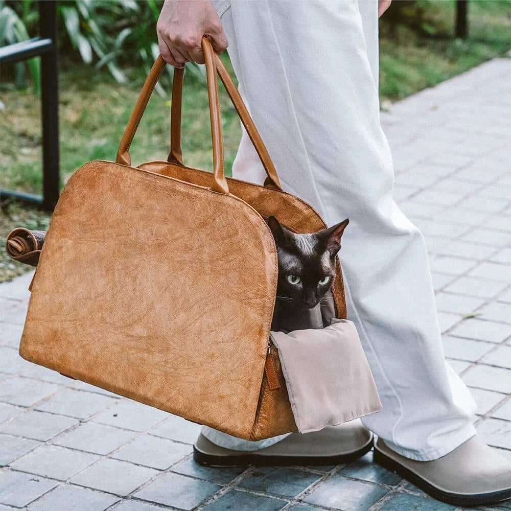 Luxury Leather Pet Carrier Bag – Windproof & Warm Travel Tote