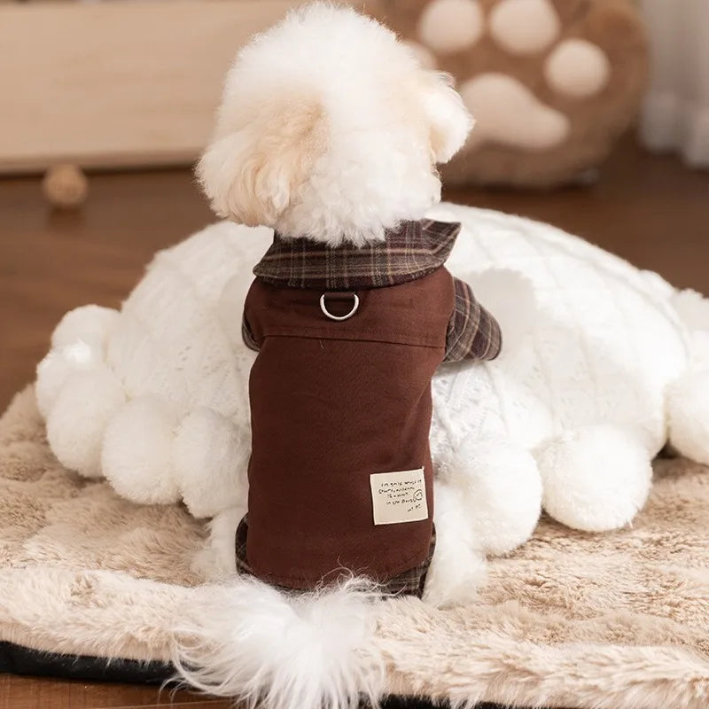 Winter Plaid Dog Dress | Warm Maillard Check Outfit for Small Dogs