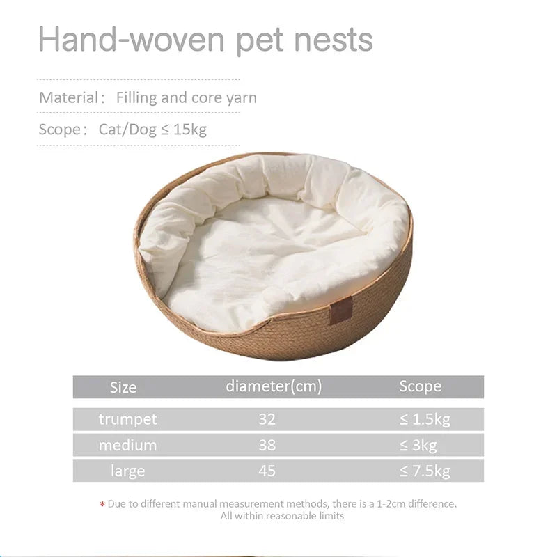 Hand-Woven Natural Pet Bed – Cosy Cat & Small Dog Basket with Removable Cushion