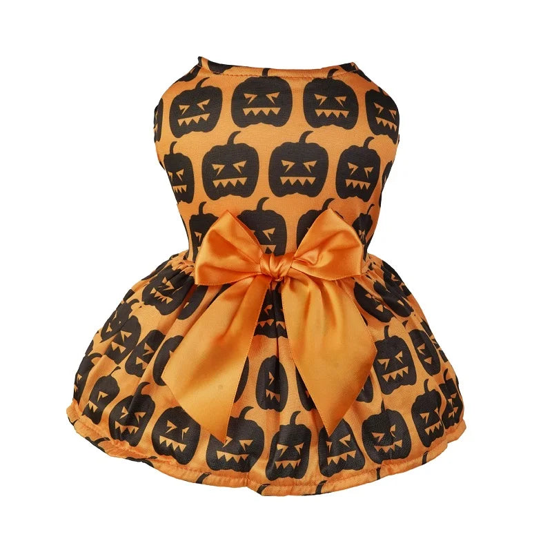 Halloween Dog Dress | Pumpkin & Ghost Pet Costume with Bow