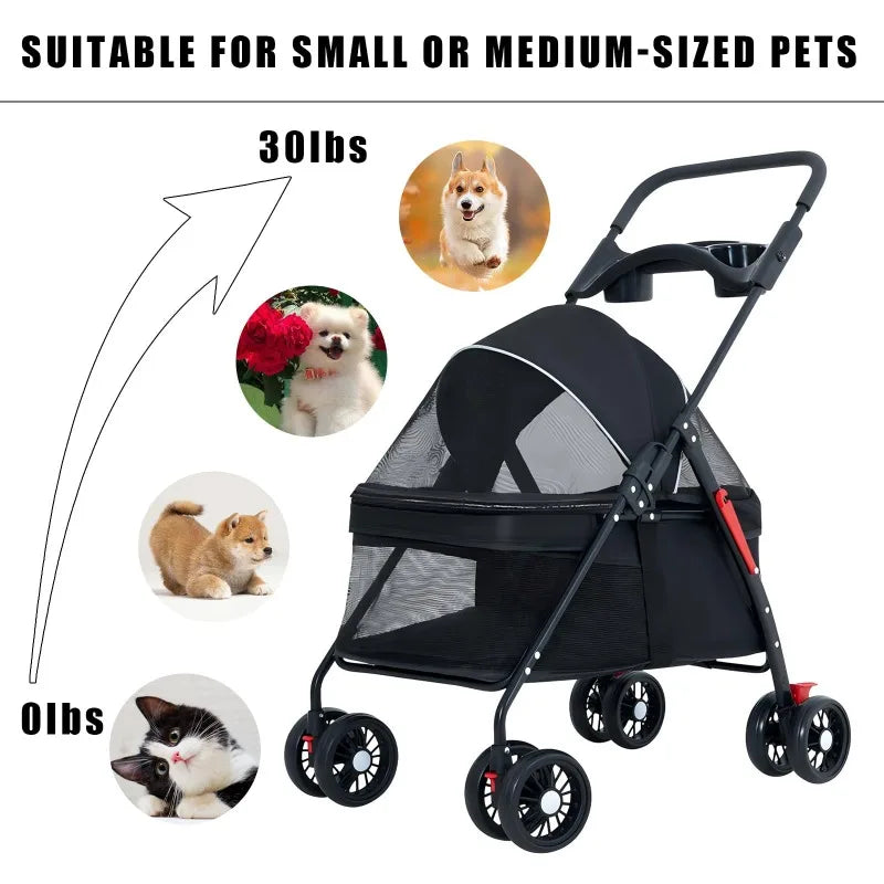 Lightweight Foldable Pet Stroller – Portable Travel Pram with 360° Wheels, Brake & Storage Basket