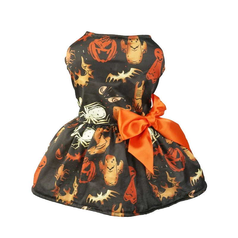 Halloween Dog Dress | Pumpkin & Ghost Pet Costume with Bow