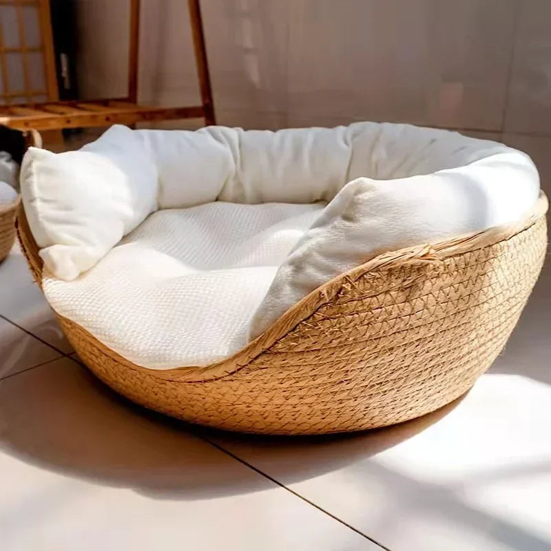 Hand-Woven Natural Pet Bed – Cosy Cat & Small Dog Basket with Removable Cushion