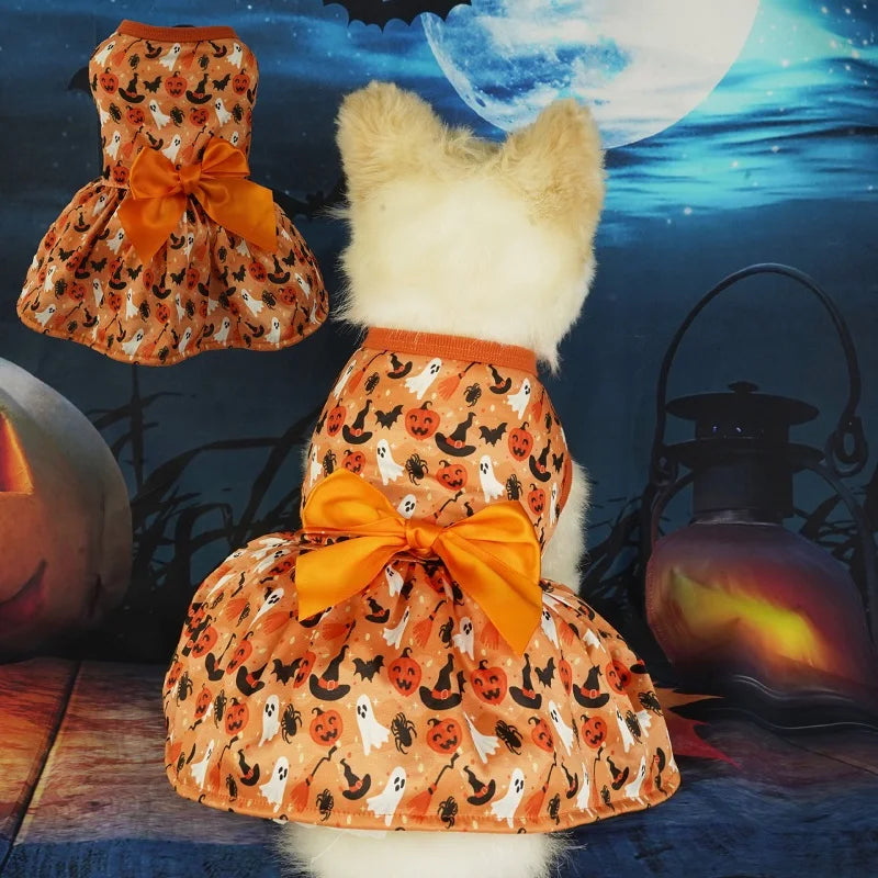 Halloween Dog Dress | Pumpkin & Ghost Pet Costume with Bow