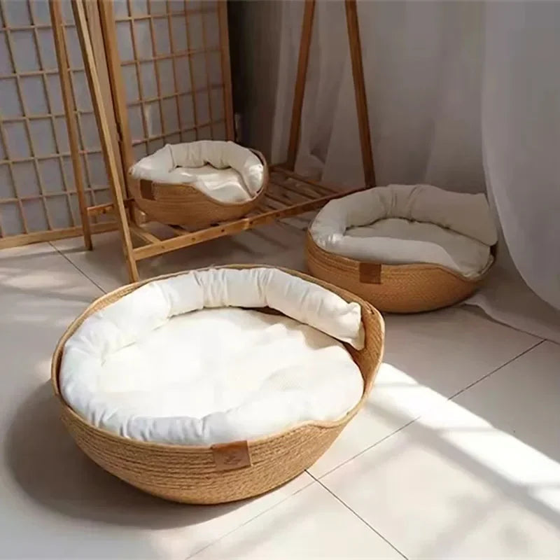 Hand-Woven Natural Pet Bed – Cosy Cat & Small Dog Basket with Removable Cushion