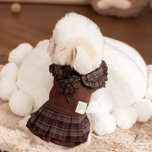Winter Plaid Dog Dress | Warm Maillard Check Outfit for Small Dogs