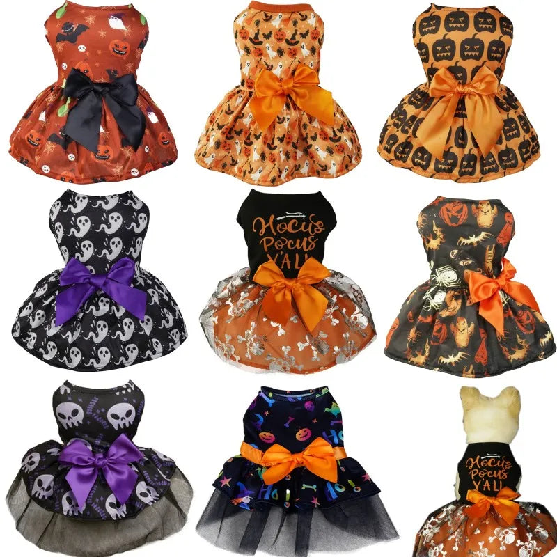 Halloween Dog Dress | Pumpkin & Ghost Pet Costume with Bow