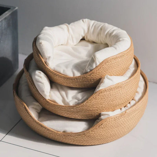 Hand-Woven Natural Pet Bed – Cosy Cat & Small Dog Basket with Removable Cushion