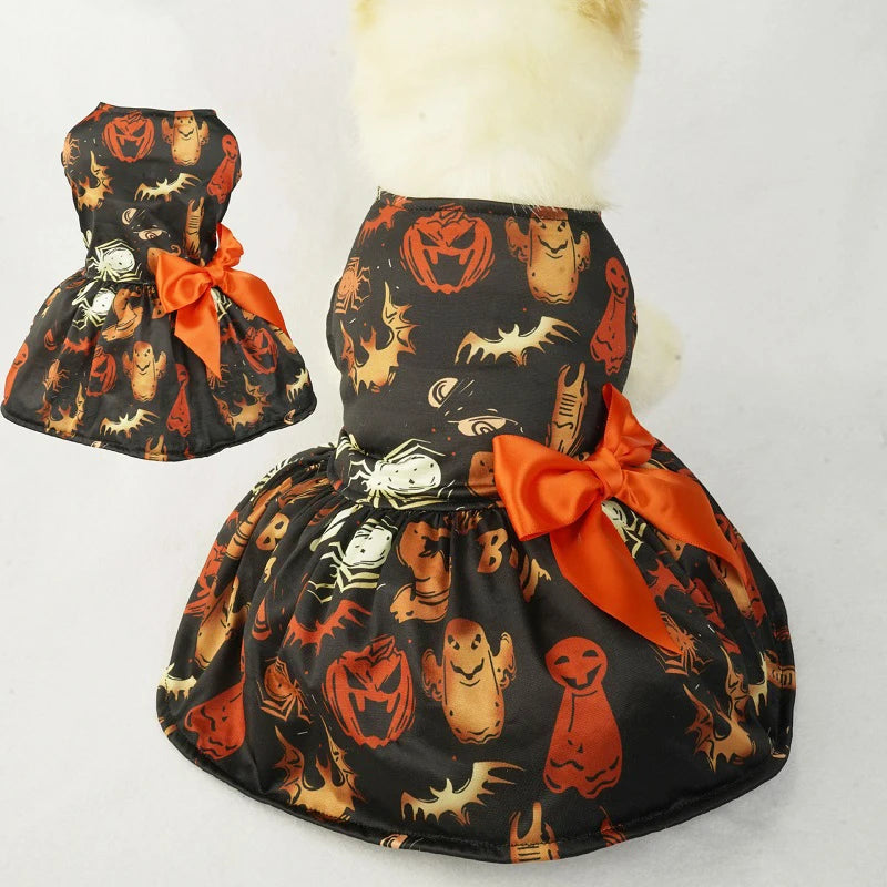Halloween Dog Dress | Pumpkin & Ghost Pet Costume with Bow
