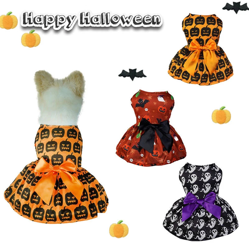 Halloween Dog Dress | Pumpkin & Ghost Pet Costume with Bow