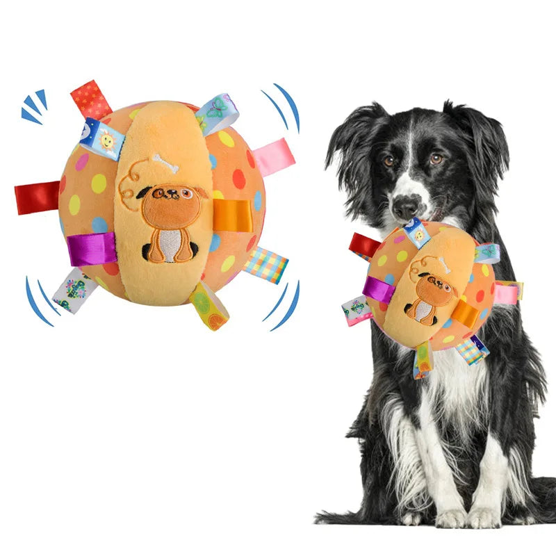 Interactive Plush Ball Dog Toy with Bell – Colourful Chew, Fetch & Training Toy for Small Dogs