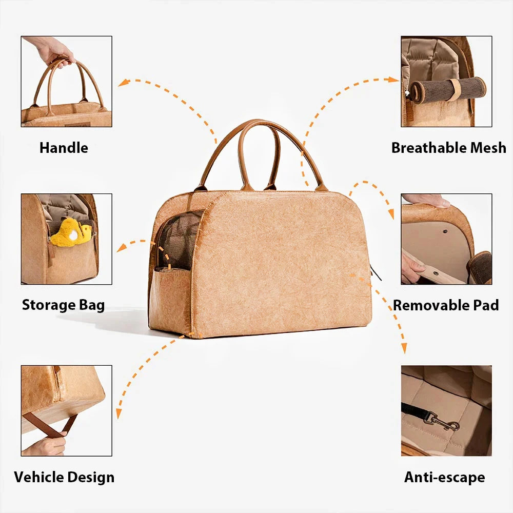 Luxury Leather Pet Carrier Bag – Windproof & Warm Travel Tote