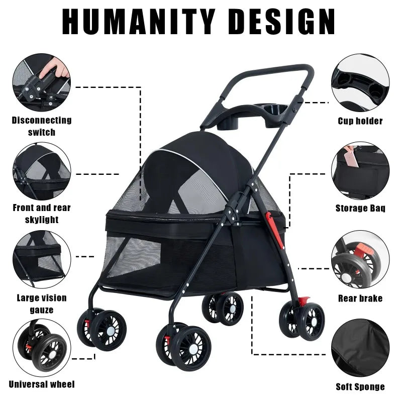 Lightweight Foldable Pet Stroller – Portable Travel Pram with 360° Wheels, Brake & Storage Basket