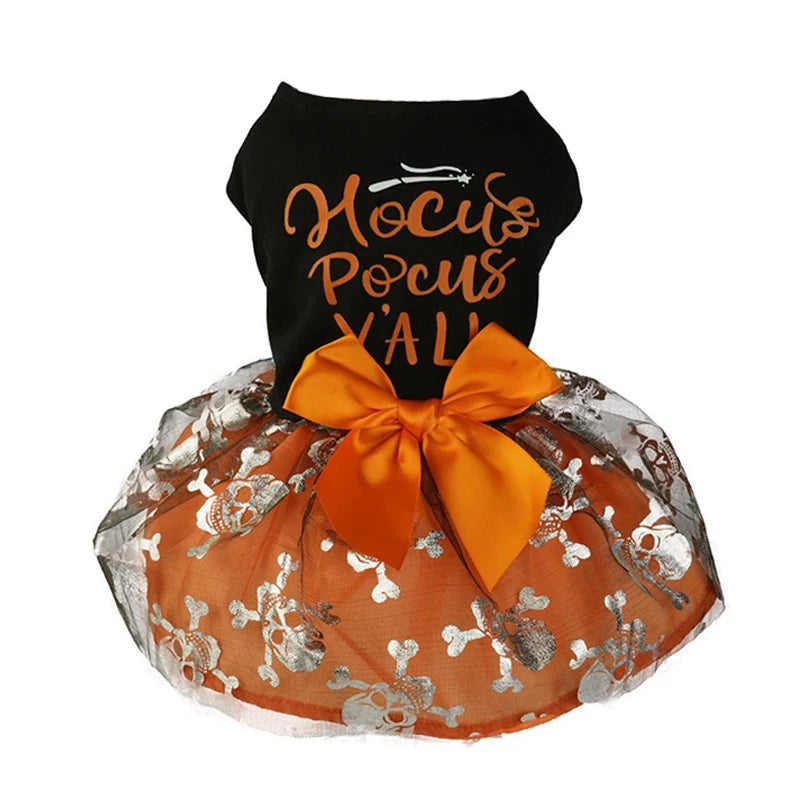 Halloween Dog Dress | Pumpkin & Ghost Pet Costume with Bow