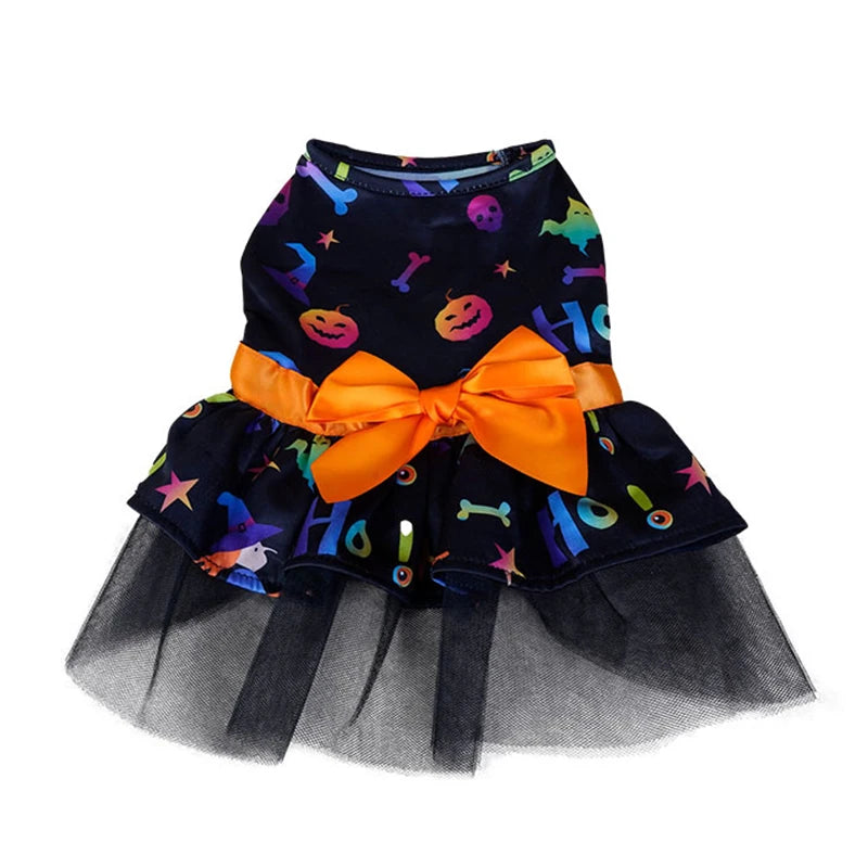 Halloween Dog Dress | Pumpkin & Ghost Pet Costume with Bow