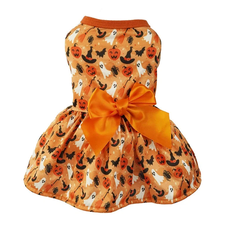 Halloween Dog Dress | Pumpkin & Ghost Pet Costume with Bow